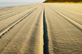 Sandy Baltic beach after maintenance activities with line pattern in the sand.