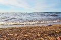 Sandy beach with autumn leaves and blurred waving water and horizon. Royalty Free Stock Photo