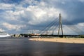 The sandy beach on the background of the panorama of Riga Royalty Free Stock Photo