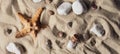 a Sandy beach background with shells and stones. Sand texture for summer with copy space. Macro shot Royalty Free Stock Photo