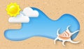 Sandy beach background with sun, clouds and seashell