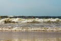 Sandy beach Baltic Sea. Beach sunset. Waves on the sandy beach.