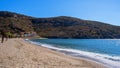 Sandy beach, blue clear sky, calm sea water background, Greece. Kea island Royalty Free Stock Photo