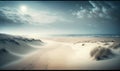 a sandy beach covered in lots of sand under a cloudy sky