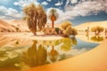 sandy beach of desert oasis with beautiful sunny reflections in water lake in the desert