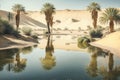 sandy beach of desert oasis with beautiful sunny reflections in water lake in the desert