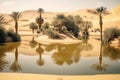 sandy beach of desert oasis with beautiful sunny reflections in water lake in the desert
