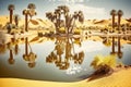 sandy beach of desert oasis with beautiful sunny reflections in water lake in the desert