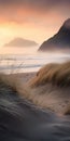 Soft Misty Sunset Beach With Mountains: A Realistic Landscape