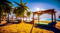 Sandy beach with hammocks and lounge chairs under palm trees on sunny day. Generative AI Royalty Free Stock Photo