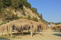 The sandy beach has thatched sheds in a row. Hammocks are suspended below them
