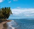 Sandy beach in Hawaii and a lonely surfer walking in the background Royalty Free Stock Photo