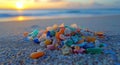 A sandy beach is held in a hand, revealing microplastic fragments and plastic fibers that highlight pollution and environmental Royalty Free Stock Photo