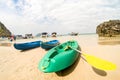 Sandy beach with kayaks amd speedboats in Ang Thong near Ko Samu Thailand Royalty Free Stock Photo
