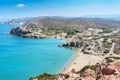 Sandy beach and lagoon with clear blue water at Crete island near Sitia town, Greece. Royalty Free Stock Photo