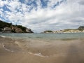 Sandy beach landscape of Meditteranean sea coast and mountain background in Port de Soller, Palma de Mallorca, Spain, Europe Royalty Free Stock Photo