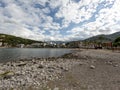 Sandy beach landscape of Meditteranean sea coast and mountain background in Port de Soller, Palma de Mallorca, Spain, Europe Royalty Free Stock Photo