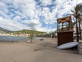 Sandy beach landscape of Meditteranean sea coast and mountain background in Port de Soller, Palma de Mallorca, Spain, Europe Royalty Free Stock Photo