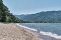 Sandy beach near Maksimikha village, Buryatia, Russia. Barguzinsky Bay of Lake Baikal.