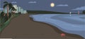 Sandy beach at night time flat color vector illustration
