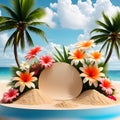 a sandy beach with palm trees and flowers, tropical beach paradise
