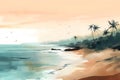 Sandy beach with palm trees near the ocean, summer vacation, watercolor, Generative AI 1