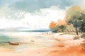 Sandy beach with palm trees near the ocean, summer vacation, watercolor, Generative AI 2