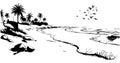 Sandy beach with palm trees and rocks with flying birds in sky abstract drawing black and white outline ink drawing Royalty Free Stock Photo