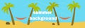 Sandy beach, palm trees between them are hammocks, ocean or sea and sand, panoramic illustration, horizontal background Royalty Free Stock Photo