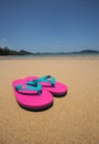 sandy beach and pink sandals Royalty Free Stock Photo