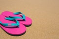 sandy beach and pink sandals Royalty Free Stock Photo