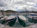 Sandy beach of the Port De Soller with yachts on the blue mediterranean sea coast, Palma de Mallorca, Balearic Islands, Spain, Royalty Free Stock Photo