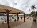 Sandy beach of the Port De Soller with yachts on the blue mediterranean sea coast, Palma de Mallorca, Balearic Islands, Spain, Royalty Free Stock Photo