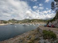 Sandy beach of the Port De Soller with yachts on the blue mediterranean sea coast, Palma de Mallorca, Balearic Islands, Spain, Royalty Free Stock Photo