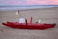 Sandy beach with a red sea rescue boat and seagulls around it Royalty Free Stock Photo