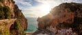 Sandy Beach on the Rocky Coast on Sea. Marina di Praia, Praiano, Amalfi Coast, Italy Royalty Free Stock Photo