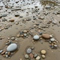 A sandy beach with scattered smooth pebbles and small stones of various sizes and colors, including Royalty Free Stock Photo