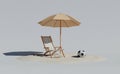 A sandy beach scene with a deck chair and umbrella, created as a 3D rendering, represents the concept of vacations Royalty Free Stock Photo