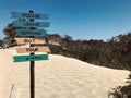 Sandy beach scene featuring a sign with "Please leave nothing but your footprints" in Serbia