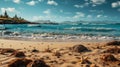 A sandy beach with starfishs on the shore, AI Royalty Free Stock Photo