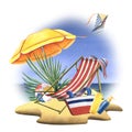 Sandy beach with sun umbrella, striped sun lounger and kite against sea and sky. watercolor illustration, hand drawn Royalty Free Stock Photo