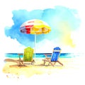 Sandy beach with sunbeds and umbrella. Summer watercolor illustration Royalty Free Stock Photo