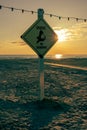 Sandy beach with sunset in the background and an informative shark warning sign in the foreground