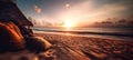 A sandy beach in the sunset, close to the shoreline, sun, sky, horizon, ocean waves and seascape.