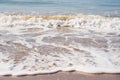 Sandy beach on a sunset with reflection on wet sand and waves with foam.