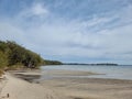 Sandy Beach at Tanilba Bay with coastal forest growing down to the water\'s edge Royalty Free Stock Photo