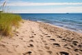 a sandy beach trail with footsteps