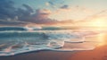 Sandy beach and tropical sea. Crashing waves on the shoreline. Panoramic beach landscape. Orange and golden sunset sky Royalty Free Stock Photo