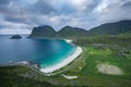 Sandy beach and turquoise blue bay on Lofoten, Norway