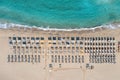 Elafonisi beach with pink sand, umbrella, Crete Greece. Aerial drone view of famous summer resort Royalty Free Stock Photo